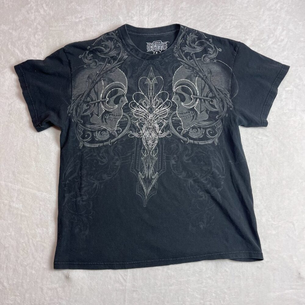 MMA Elite Men's Black Skull Cross Dagger Graphic T-Shirt Size L Y2K Grunge